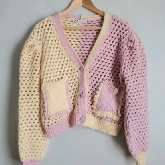 Zara Colorblock Cropped Sweater Size Medium Cottagecore Coastal Grandma - Picture 7 of 16